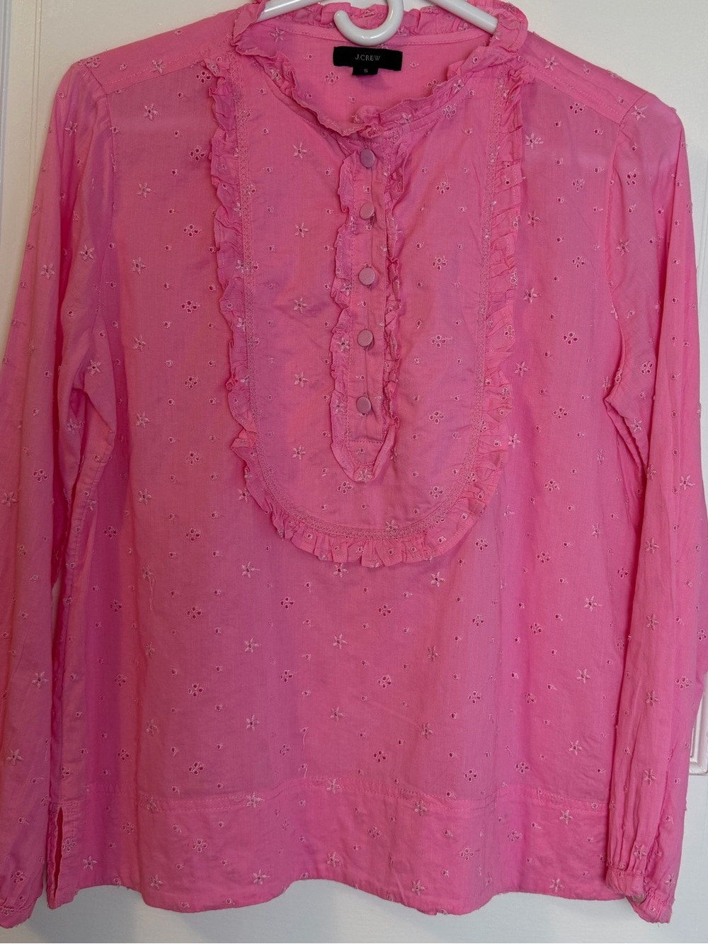 J. Crew Pink Long Sleeve Ruffle Shirt in Feminine All Over Floral Eyelet, S
